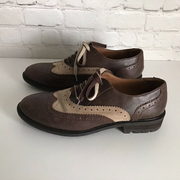 Bata Two Tone Perforated Wingtip Leather Oxfords EU 40 Brown Tan Lug Sole - Picture 7 of 10